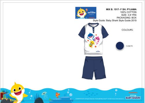 Baby Shark nyári rövid ujjú gyerek pizsama - pamut pizsama - sötétkék 